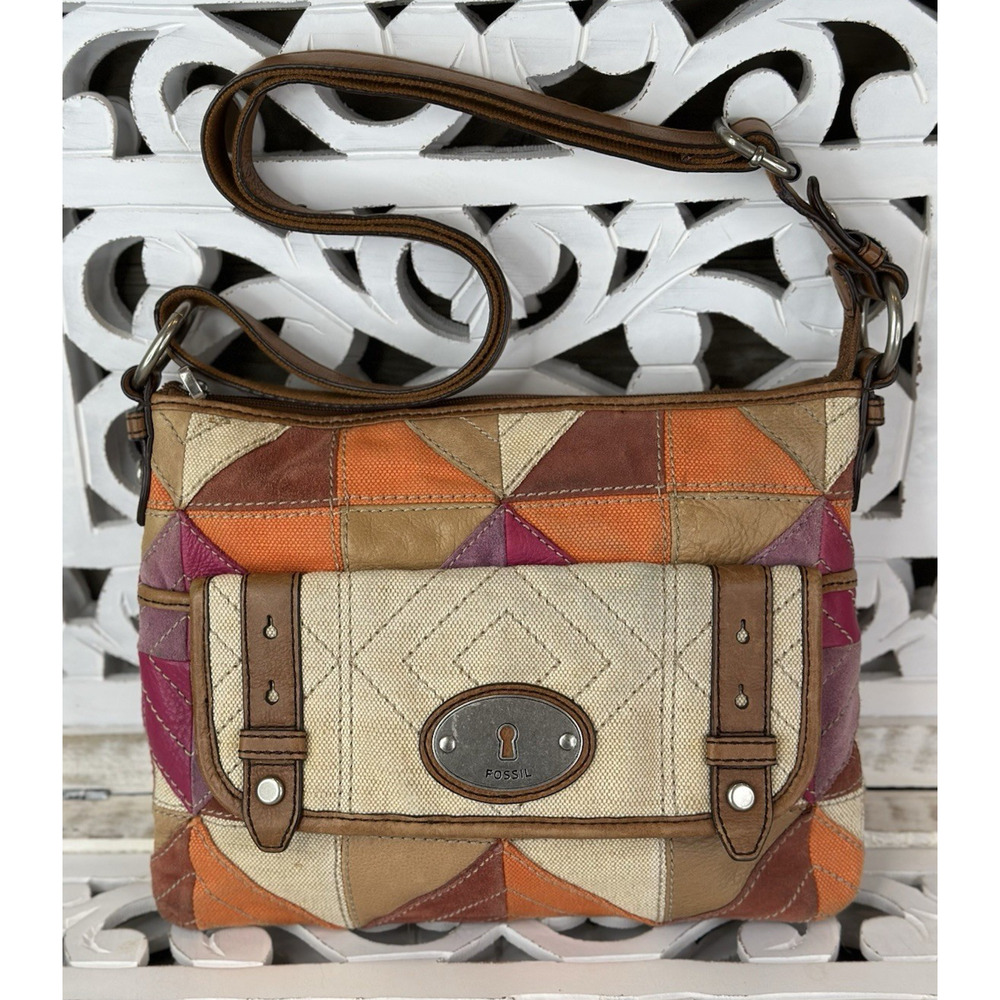 FOSSIL MADDOX Patchwork Canvas & Leather Multicolor Crossbody Messenger Bag